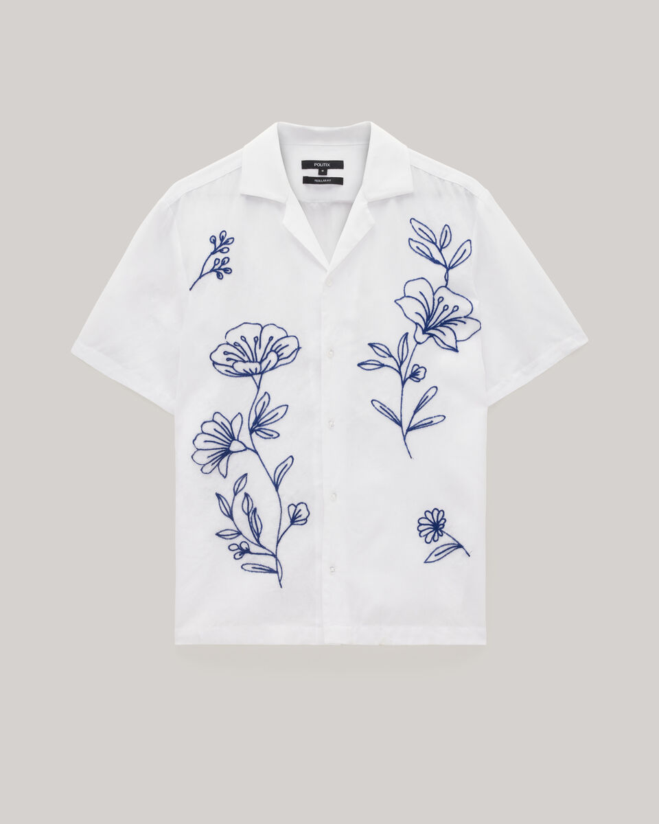 Floral Embroidery Cuban Collar Shirt, White, hi-res